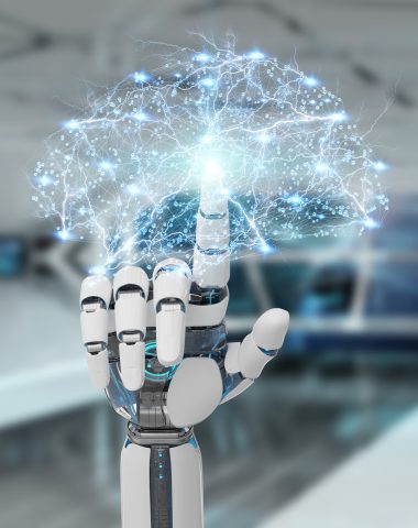 White humanoid hand on blurred background creating artificial intelligence 3D rendering